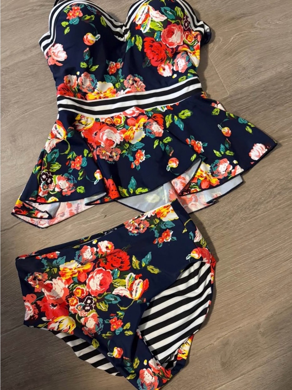 Navy Floral Peplum Tankini Set - Women's Navy Floral Bikini